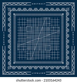 White and blue background, decorative geometric line ornament, with abstract text.Grey pattern template. Bandana shawl, tablecloth fabric print, silk neck scarf, kerchief design.