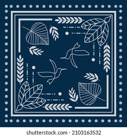 White and blue background, decorative leaf and simple design of bird ornament.Grey pattern template. Bandana shawl, tablecloth fabric print, silk neck scarf, kerchief design.
