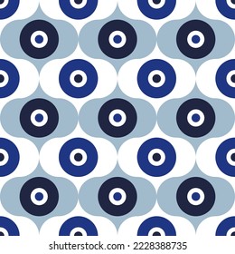 White blue background pattern with abstract shaped eyes. Modern Turkish, Greek, Cretan ornament from evil eye. Seamless print for cover, case, fabric, textile. Contemporary repeat texture wallpaper.