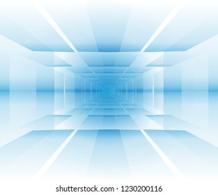 White And Blue Background For Tech Or Sci-fi Design Projects. Pale Backdrop With Vanishing Point. Walls Of Futuristic Room Or Portal. For Web Design, Posters, Covers.