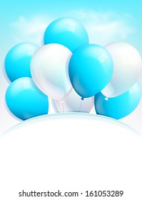 White and blue balloons on a background of blue sky and clouds. Place for your text
