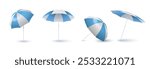 White and blue beach umbrella mockup. Realistic 3d vector set of blank sunshade parasol for branding and advertising. Safe summertime leisure protection accessory in different angles of view.