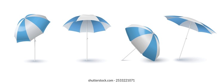 Maqueta de paraguas de playa blanco y azul. Conjunto de Vector 3D realista de sombrilla en blanco parasol para marca y publicidad. Accesorio seguro de la protección del ocio del verano en diversos ángulos de visión.