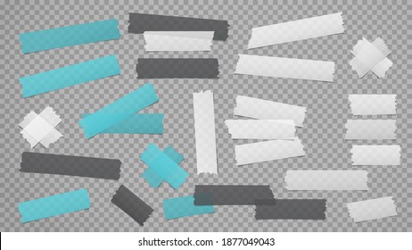 White, blue, black different size adhesive, sticky, masking, duct tape, paper pieces are on dark transparent, squared background