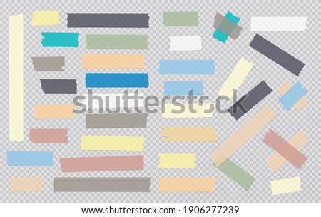 White, blue, black different size adhesive, sticky, masking, duct tape, paper pieces are on dark transparent, squared background