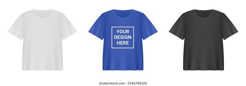 White, blue and black T-shirts. Realistic 3d mockup of T-shirt with short sleeves. Empty space for your design. Print shop 