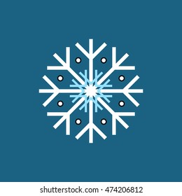 White blue black winter snowflake on blue background. End of year christmas and sale season.