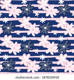 White and blue botanic daisy elements seamless pattern. Pastel pink background with navy blue strips. Designed for wallpaper, textile, wrapping paper, fabric print. Vector illustration.