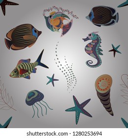 White, blue and brown fish vector seamless pattern.