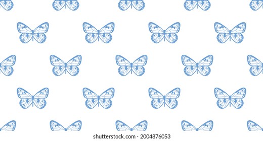 White and blue butterfly seamless repeat background. Butterfly seamless repeat pattern design, vector wallpaper, cute girly background.