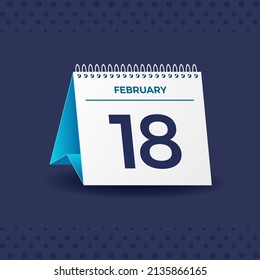 White and blue calendar on Navy blue background. February 18th. Vector. 3D illustration.