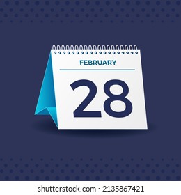 White and blue calendar on Navy blue background. February 28th. Vector. 3D illustration.