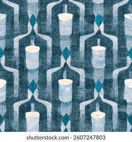 White and blue candles on a grey background, grunge lines ikat pattern, striped seamless pattern, Vector illustration background for print the paper.