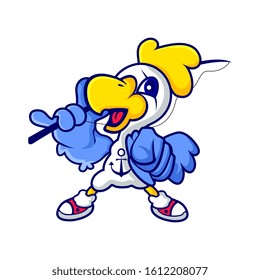 white blue cartoon sailor fishing with rod and ready to sail