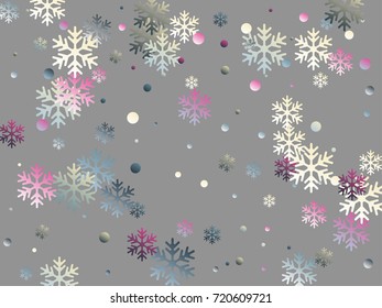 White, blue and cherry snowflake and circle elements vector illustration, chaotic winter confetti scatter poster background. Colorful gradient snow flakes falling winter vector. 