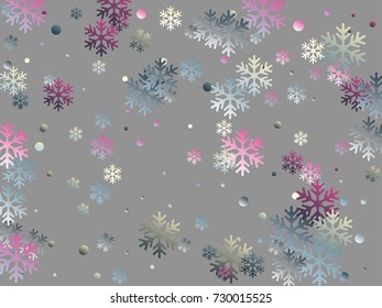 White, blue and cherry snowflake and circle elements vector illustration, chaotic winter confetti scatter banner or poster background. Colorful gradient snow flakes falling winter vector background. 