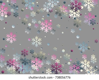 White, blue and cherry snowflake and circle elements vector illustration, chaotic winter confetti scatter banner or poster background. Colorful gradient snow flakes falling winter vector background. 