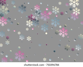 White, blue and cherry snowflake and circle elements vector illustration, chaotic winter confetti scatter banner or poster background. Colorful gradient snow flakes falling winter vector background. 