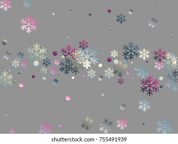 White, blue and cherry snowflake and circle elements vector illustration, chaotic winter confetti scatter banner or poster background. Colorful gradient snow flakes falling winter vector background. 