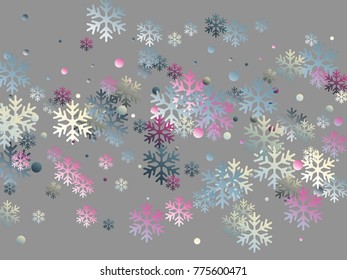 White, blue and cherry snowflake and circle elements vector illustration, chaotic winter confetti scatter banner or poster background. Colorful gradient snow flakes falling winter vector background. 