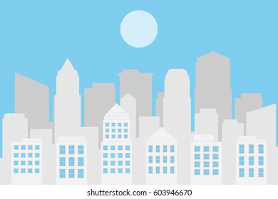 white and blue cityscape with blue sky and sun.vector and illustration
