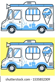 White and blue classic Ice cream truck. Dark 
line with blue decor details. Easy to use, because first picture is on a transparent background