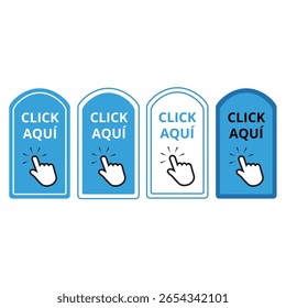Branco e azul clique aqui botão com uma mão clicando em um fundo branco (trad. clique aqui)