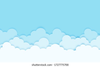 White and blue clouds with the sky, cartoon design  paper style with shadow vector background illustration and free space for text