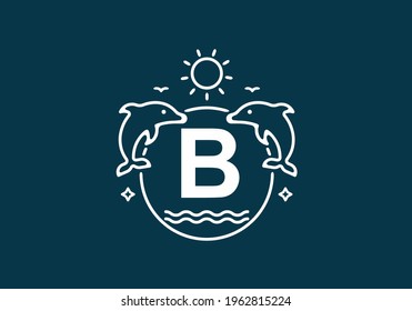 White blue color of B initial letter in dolphin and ocean frame design