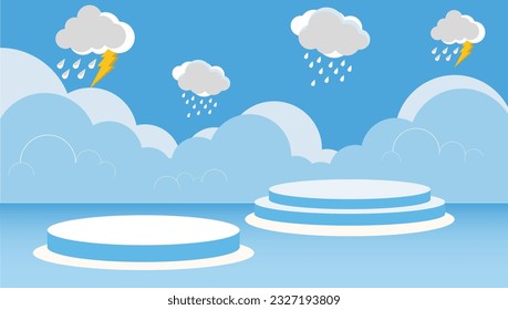  White and blue color cylinder podium for product displays presentation with clouds, raindrops and lightning.