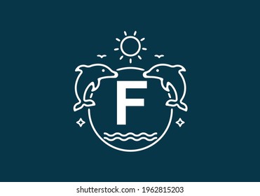 White blue color of F initial letter in dolphin and ocean frame design
