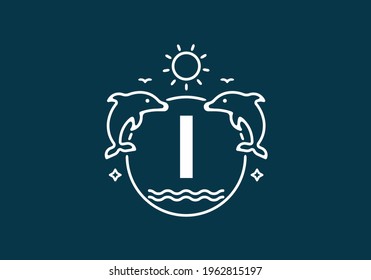 White blue color of I initial letter in dolphin and ocean frame design