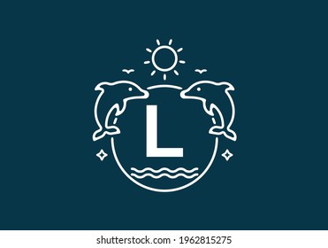 White blue color of L initial letter in dolphin and ocean frame design