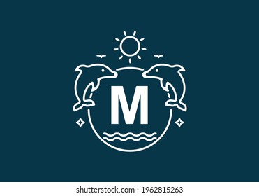 White blue color of M initial letter in dolphin and ocean frame design