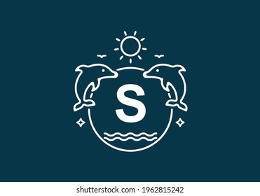 White blue color of S initial letter in dolphin and ocean frame design