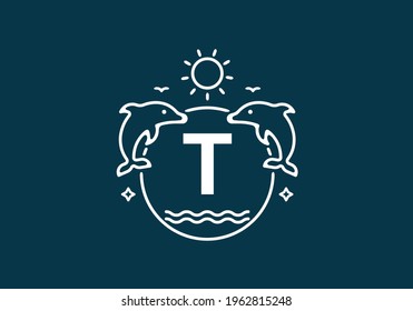 White blue color of T initial letter in dolphin and ocean frame design