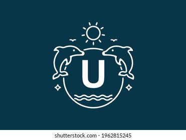 White blue color of U initial letter in dolphin and ocean frame design