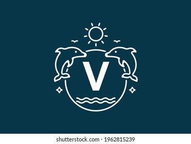 White blue color of V initial letter in dolphin and ocean frame design