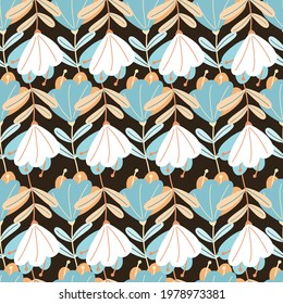 White and blue colored doodle flowers hand drawn seamless pattern. Nature print with brown background. Stock illustration. Vector design for textile, fabric, giftwrap, wallpapers.