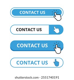 White and blue contact us button with a hand clicking on a white background 