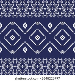 Branco e azul ponto-cruz étnico boho padrão sem costura. Padrão tribal. Forma geométrica do bordado vetorial. Use para tapeçarias de parede, corredores de mesa, bordas elaboradas e almofadas. 