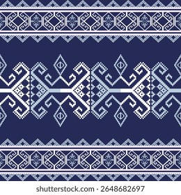 Branco e azul ponto-cruz étnico boho padrão sem costura. Padrão tribal. Motivo popular. Relação dos têxteis. Vetor folk bordado forma geométrica sem emenda padrão. Ideias para tapete, tapete, tapeçaria de parede.