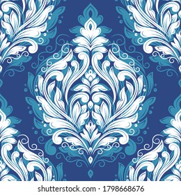 White and blue damask seamless pattern. Vintage, paisley elements. Traditional, Turkish motifs. Great for fabric and textile, wallpaper, packaging or any desired idea.