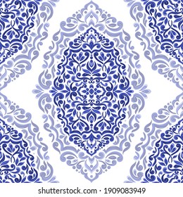 Patrón sin fisuras de los vectores de damasco blanco y azul. Elementos antiguos, paisley. Motivos tradicionales turcos. Ideal para tejidos y textiles, papel pintado, embalaje o cualquier idea deseada.