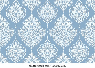 Patrón sin fisuras de los vectores de damasco blanco y azul. Elementos antiguos y paisley. Motivos tradicionales turcos. Ideal para tejidos y textiles, papel pintado, embalaje o cualquier idea deseada.