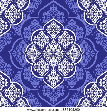 White and blue damask vector seamless pattern. Vintage, paisley elements. Traditional, Turkish motifs. Great for fabric and textile, wallpaper, packaging or any desired idea.