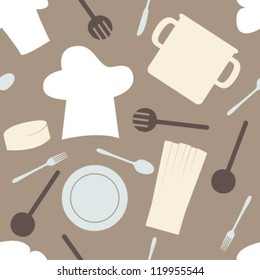 white, blue, dark brown cook set silhouette on brown seamless pattern