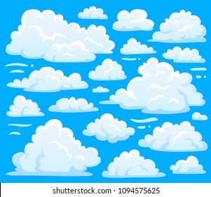 White blue day cumulus cloud symbol shape or cloudscape background. Cartoon nature air clouds symbols set for cloudy sky climate illustration vector