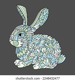 White and blue decorative bunny. Coloring page. Zen-art drawing of a rabbit.