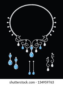 A White And Blue Diamond Necklace And Three Sets Of Similar Design Diamond Earrings